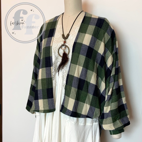Ces Femme Olive Green Plaid Dolman Sleeve Cocoon Jacket Kimono Cardigan - Picture 5 of 6